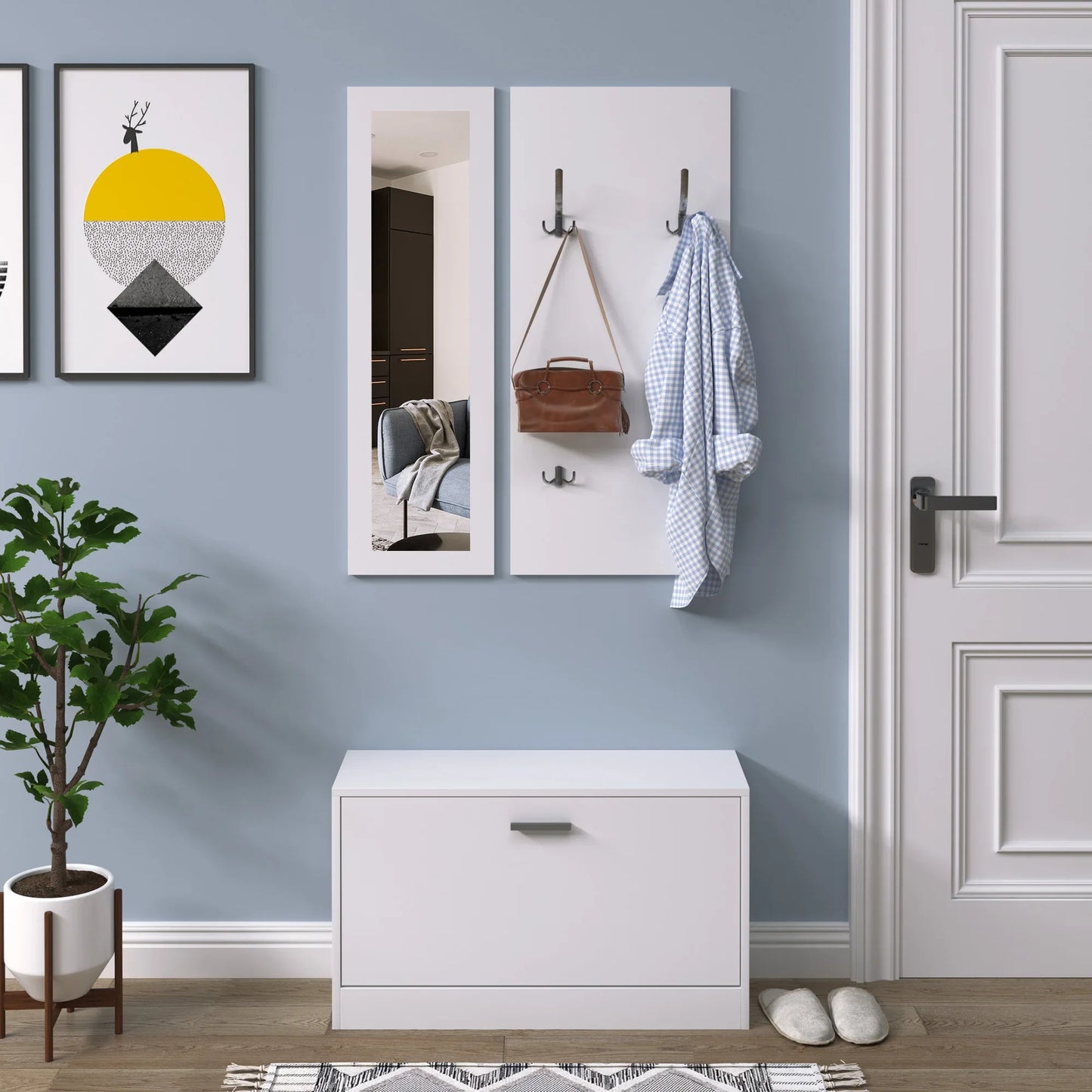 HOMCOM Möbelset für den Eingangsbereich 3-teiliges Schuhschrank-Spiegel-Garderobe mit 4 Haken zum Aufhängen von Kleidung 80x27x46,5 cm Weiß