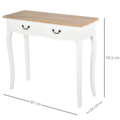 HOMCOM Konsolentisch Beistelltisch mit 2 Schubladen Retro-Design für Flur, Vorzimmer, Wohnzimmer, Schlafzimmer, Kiefer 87x34x78,5 cm Weiß