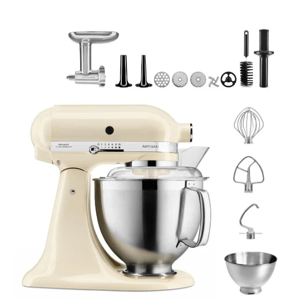 KitchenAid 4,8 L 5KSM185 Artisan Küchenmaschine Fleischliebhaber-Edition Fleischwolf Metall 5KSMMGA Gr. 8 und Spritzgebäckvorsatz