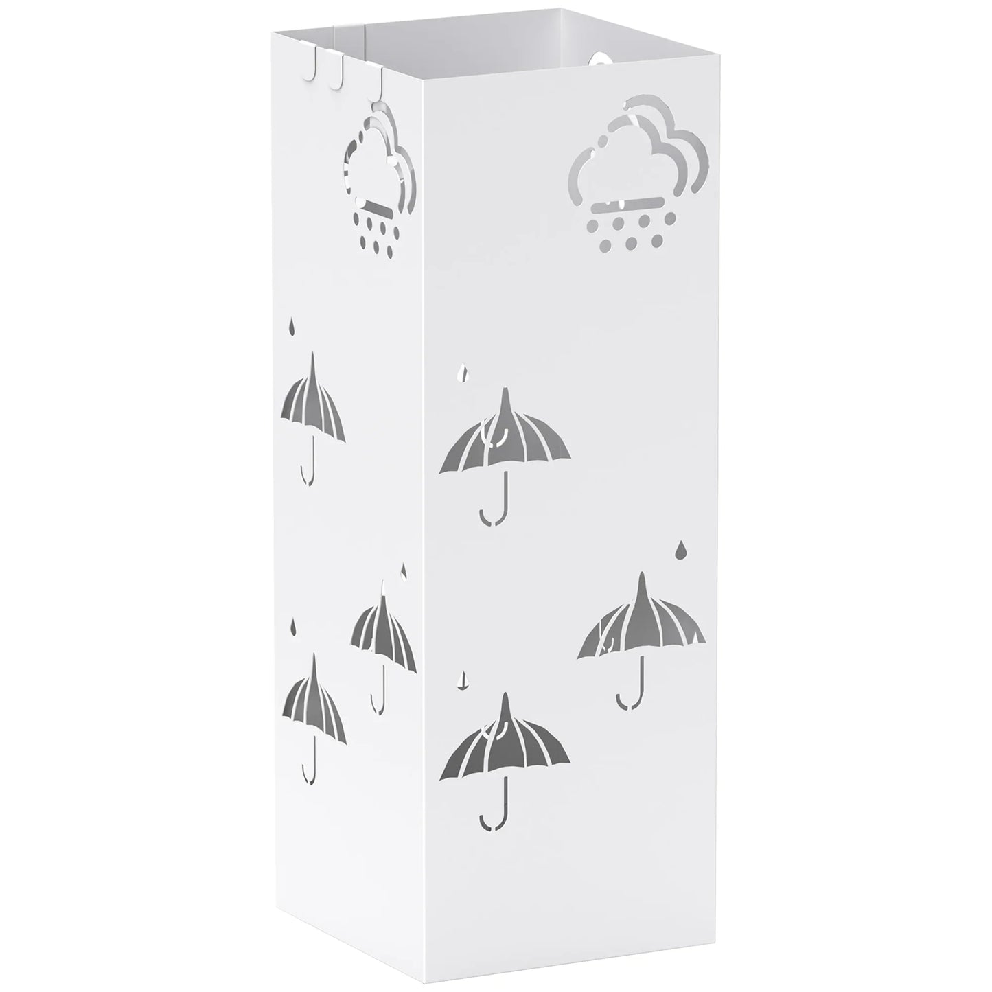 HOMCOM Steel Umbrella Stand with 4 Hooks and Removable Drip Tray - White Umbrella Holder for Hallway and Office 15.5x15.5x41 cm