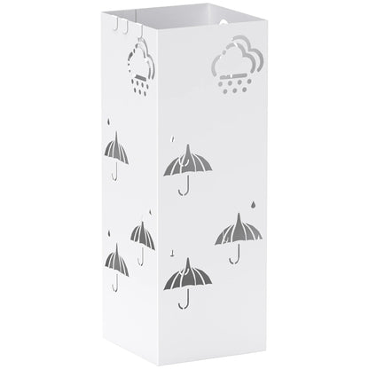 HOMCOM Steel Umbrella Stand with 4 Hooks and Removable Drip Tray - White Umbrella Holder for Hallway and Office 15.5x15.5x41 cm