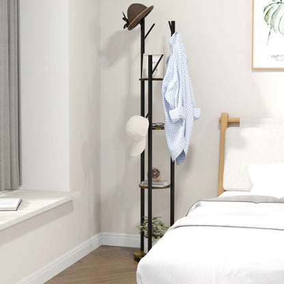 HOMCOM Rotating Freestanding Clothes Rack with 8 Hooks and 4 Shelves, Industrial Garment Rack for Entryway and Bedroom, Ø30x175cm, Rustic Brown