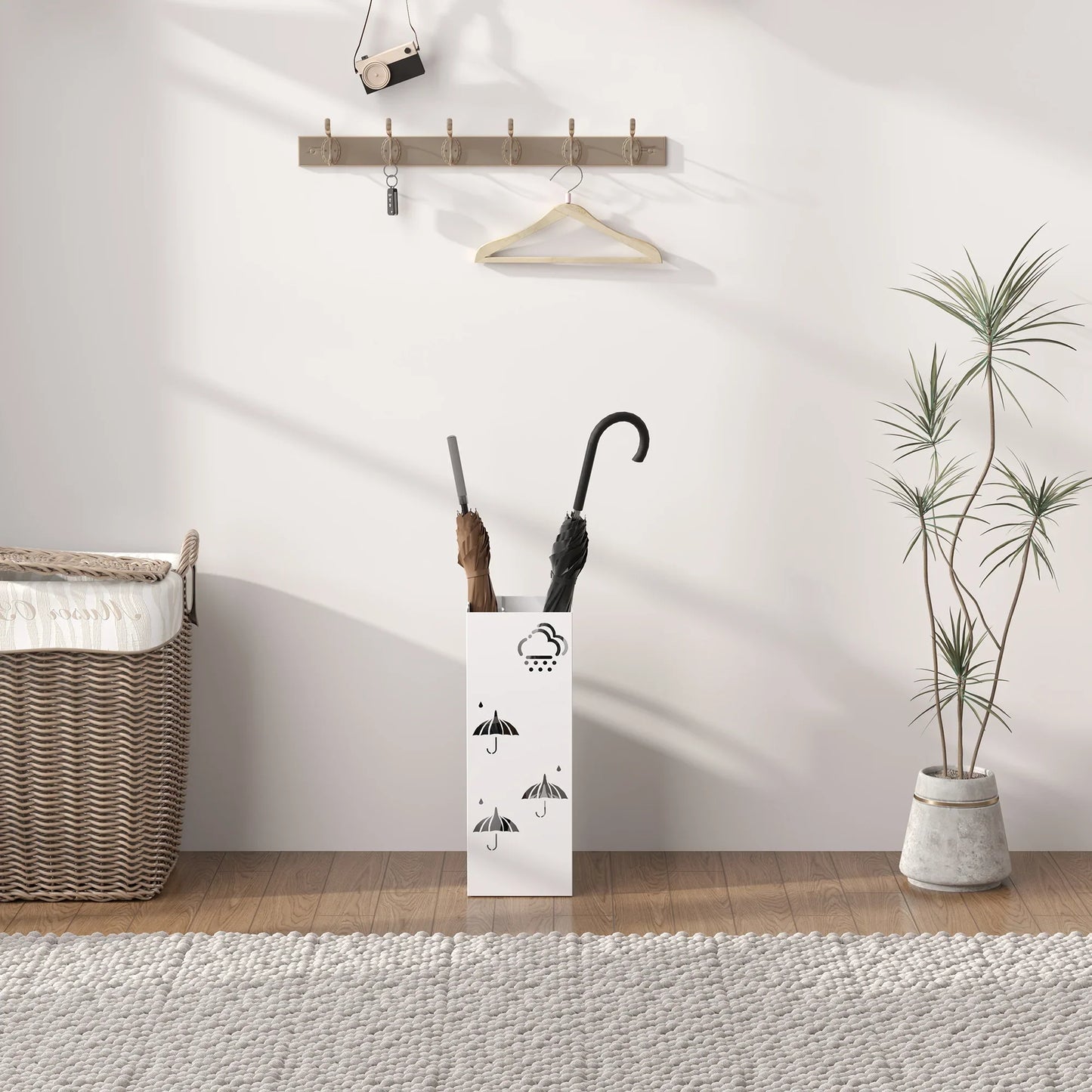 HOMCOM Steel Umbrella Stand with 4 Hooks and Removable Drip Tray - White Umbrella Holder for Hallway and Office 15.5x15.5x41 cm