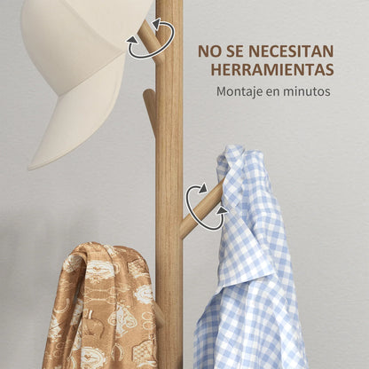 HOMCOM Freestanding Coat Rack with 8 Hooks - Wooden Clothes Tree for Hallway, Entrance Area, Bedroom 40x40x165 cm Natural
