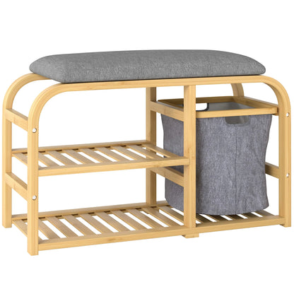 HOMCOM Schuhbank aus Bambus mit gepolsterter Sitzfläche, 2 Lattenregalen und verschiebbarem Stoffkorb, Flurbank für Flur, Schlafzimmer, 70x30x45cm, Naturholz
