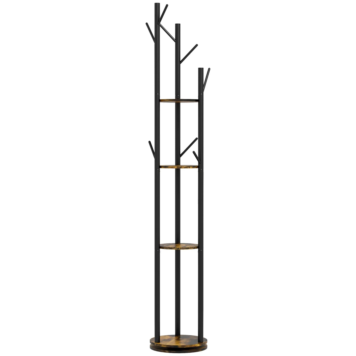 HOMCOM Rotating Freestanding Clothes Rack with 8 Hooks and 4 Shelves, Industrial Garment Rack for Entryway and Bedroom, Ø30x175cm, Rustic Brown