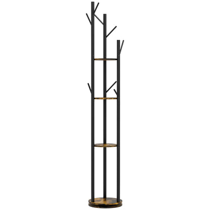 HOMCOM Rotating Freestanding Clothes Rack with 8 Hooks and 4 Shelves, Industrial Garment Rack for Entryway and Bedroom, Ø30x175cm, Rustic Brown